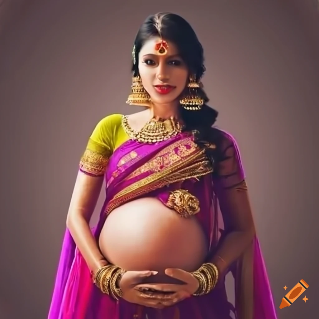 An Indian pregnant lady wearing saree hands on belly with normal impression  isolated pink background People Images