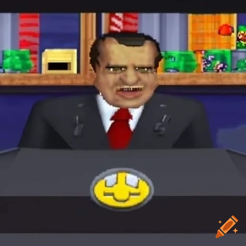 Screenshot of nixon giving a political speech in nintendo 64 game