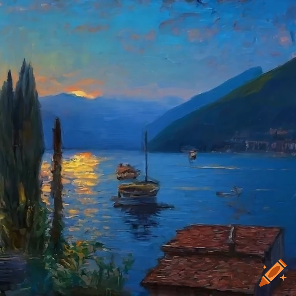 impressionist painting of a charming patio overlooking Lake Como