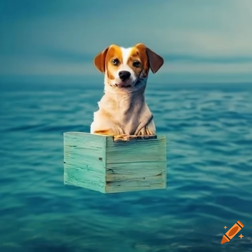 Dog in a floating box on the sea on Craiyon