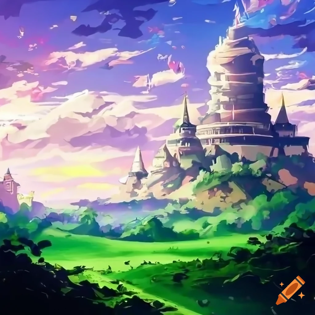 anime mountain overlooking a beautiful castle in the far distance