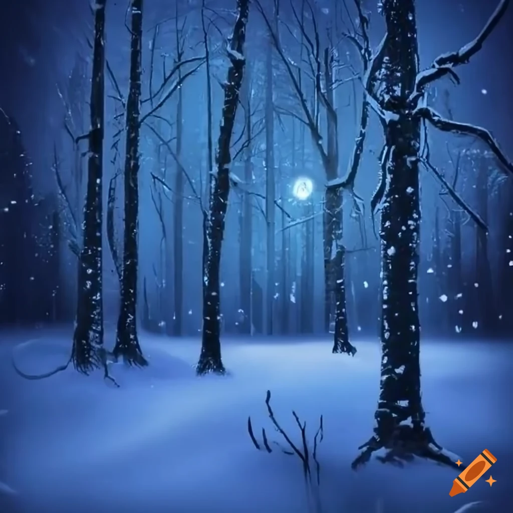 nighttime in a snowy forest