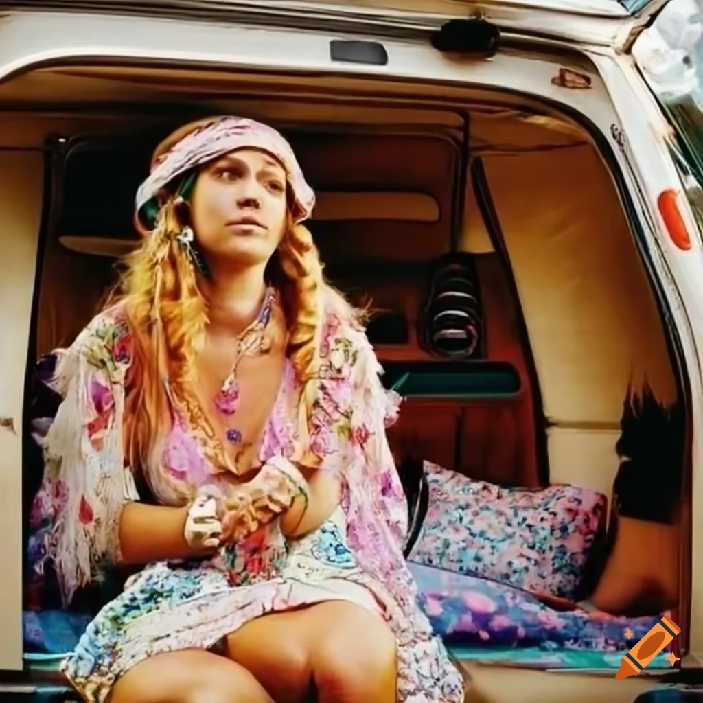 hippie woman with a camper van