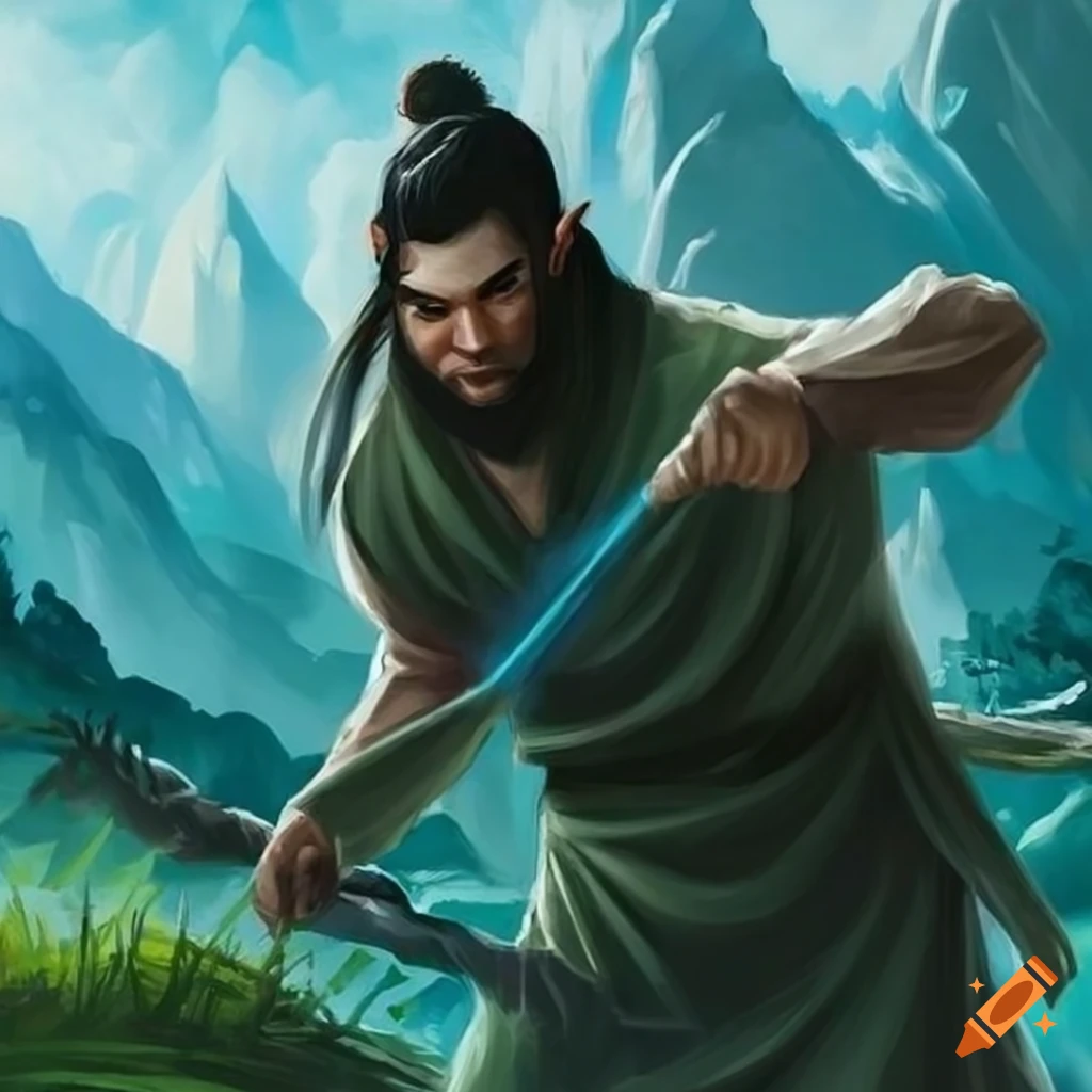 Asian elf male in ancient chinese clothing on mountain path on Craiyon
