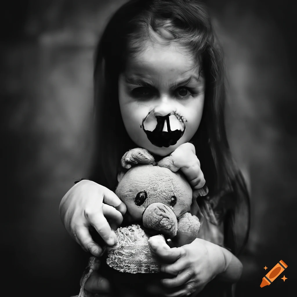 haunting black and white family portrait of a girl with a teddybear