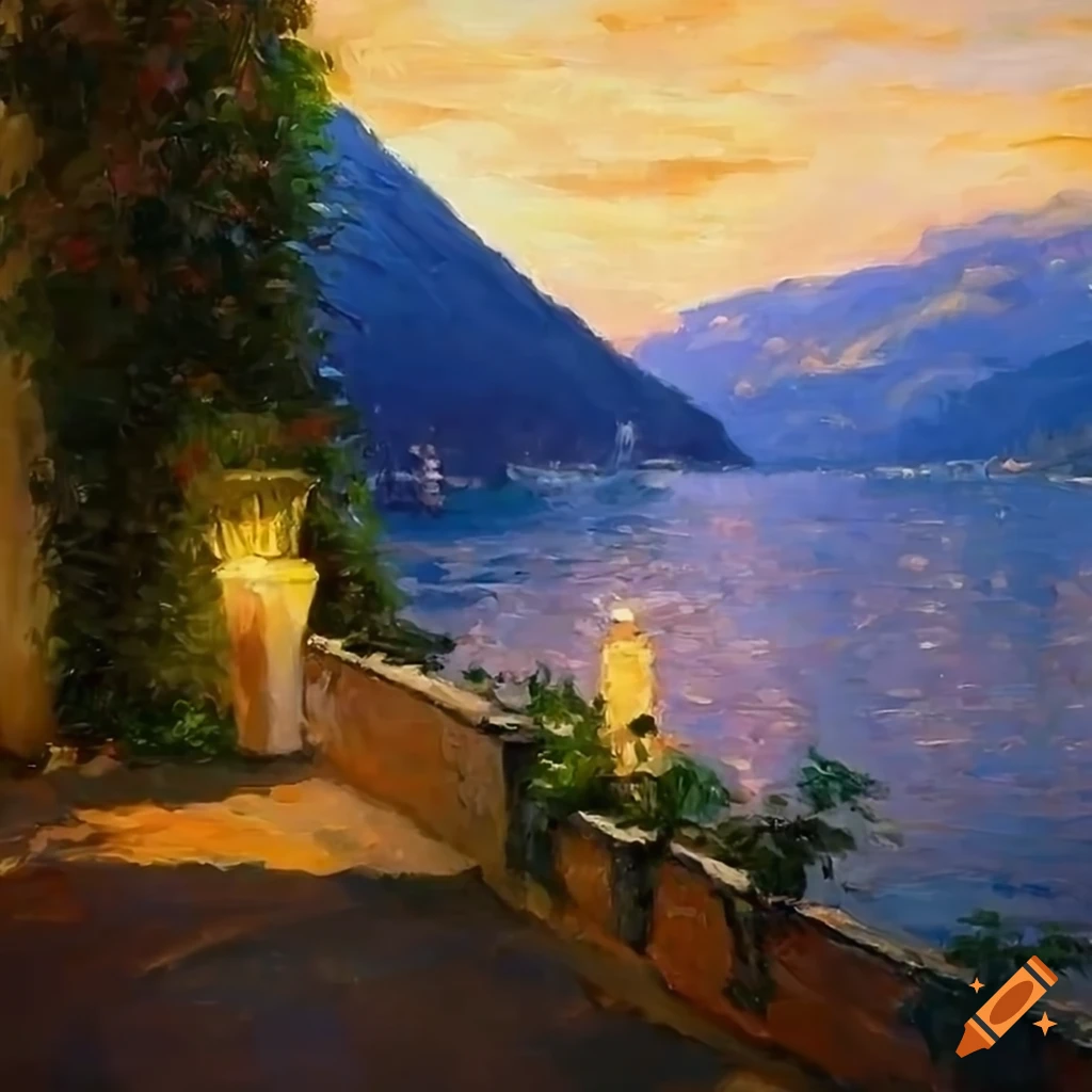 impressionist painting of a picturesque patio overlooking Lake Como