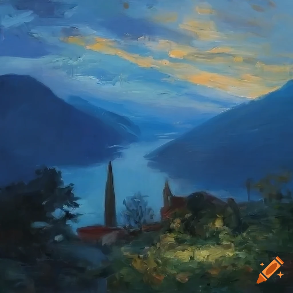 impressionist painting of a cozy patio with a view of Lake Como