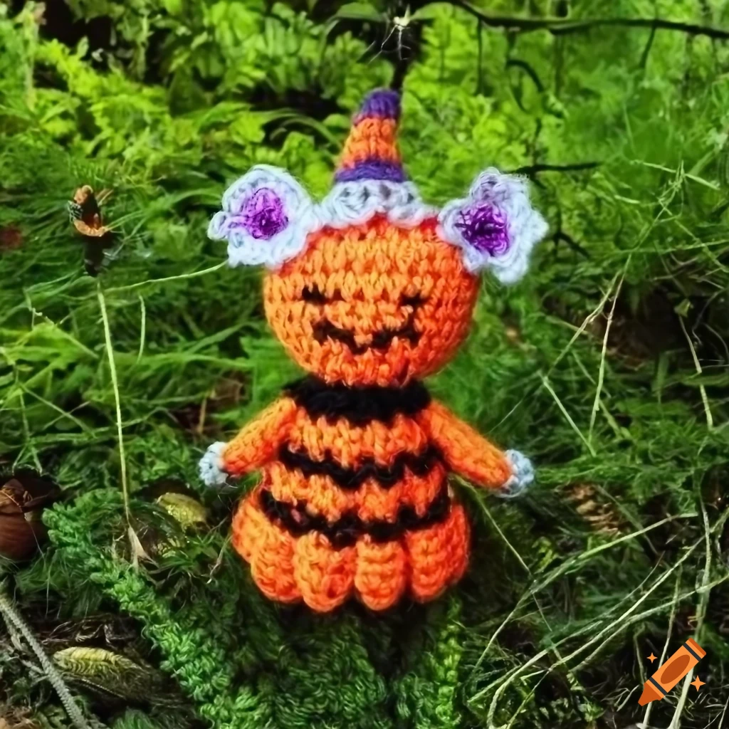 cute amigurumi Halloween Imp in a meadow