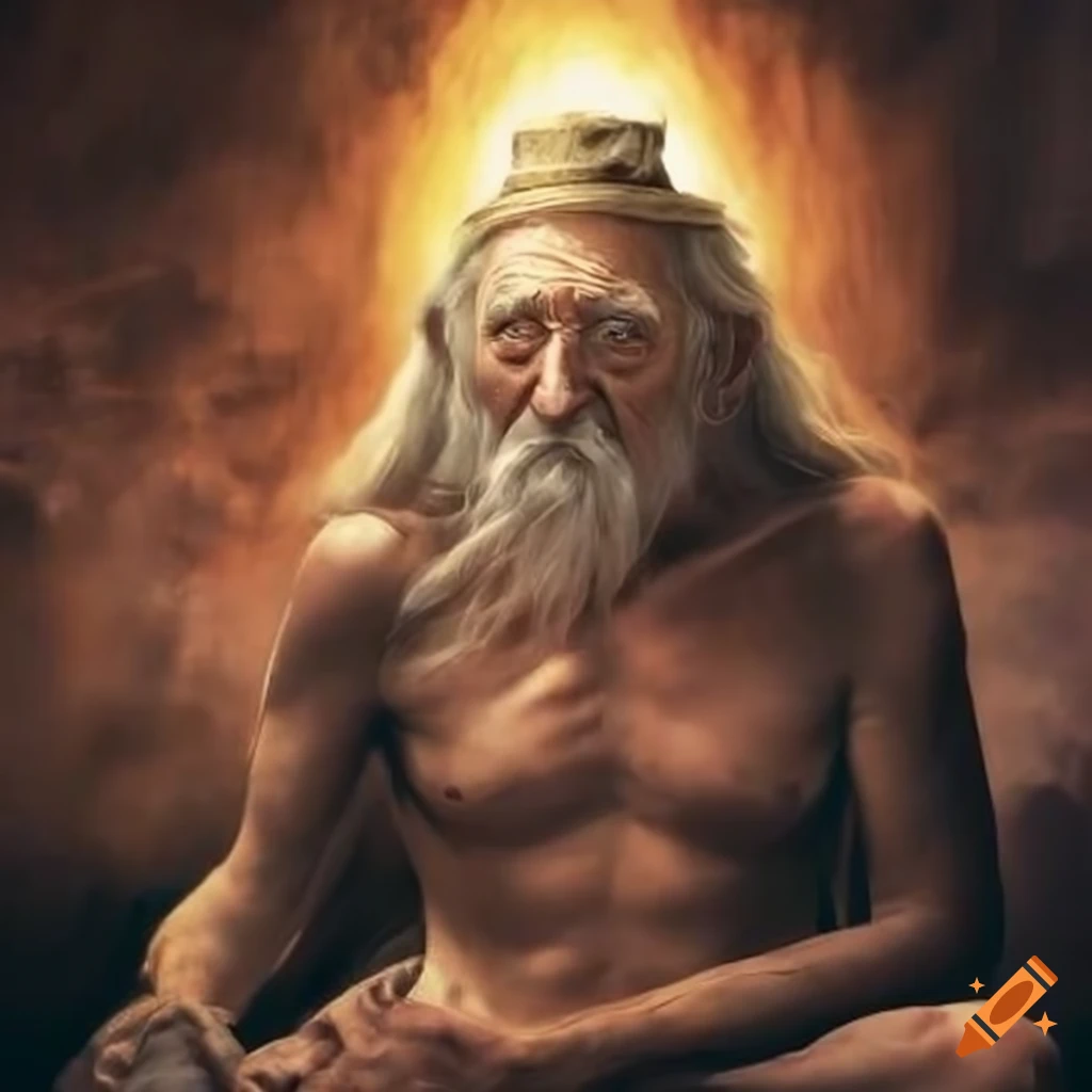 depiction of gods conversing with an old man