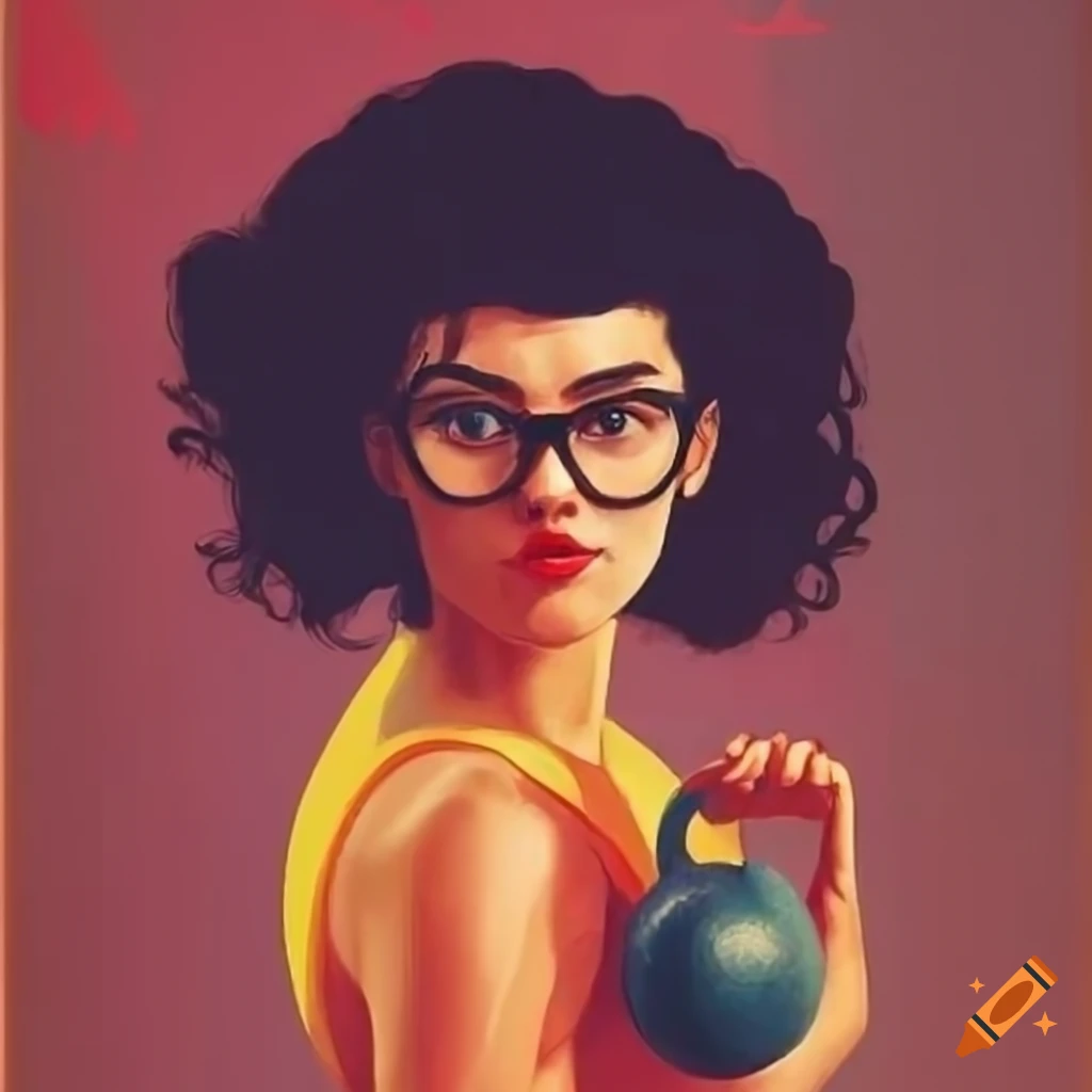 woman doing kettlebell workout in a vintage Soviet poster