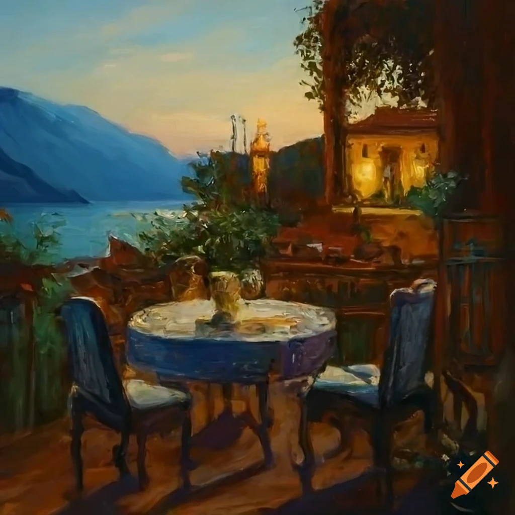 impressionist painting of a patio overlooking Lake Como