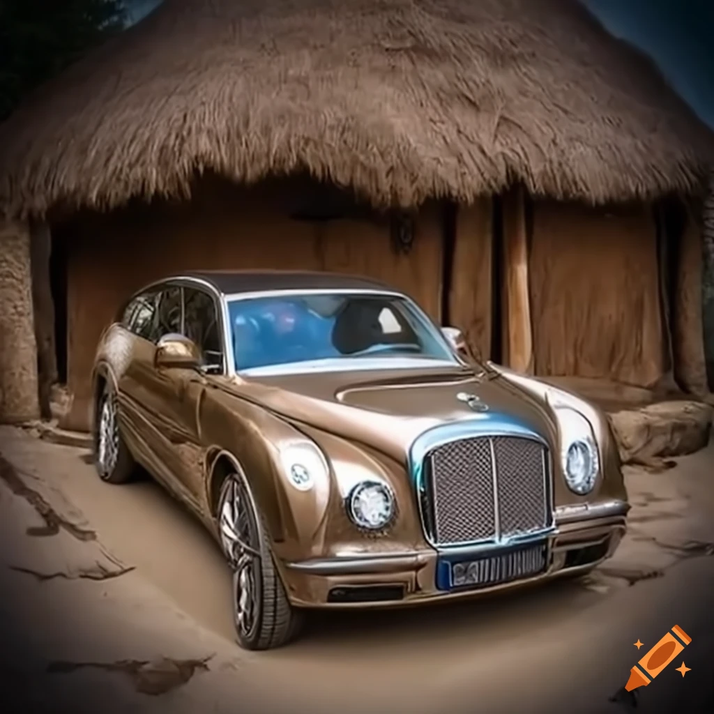 luxurious Bentley car in front of a mud hut