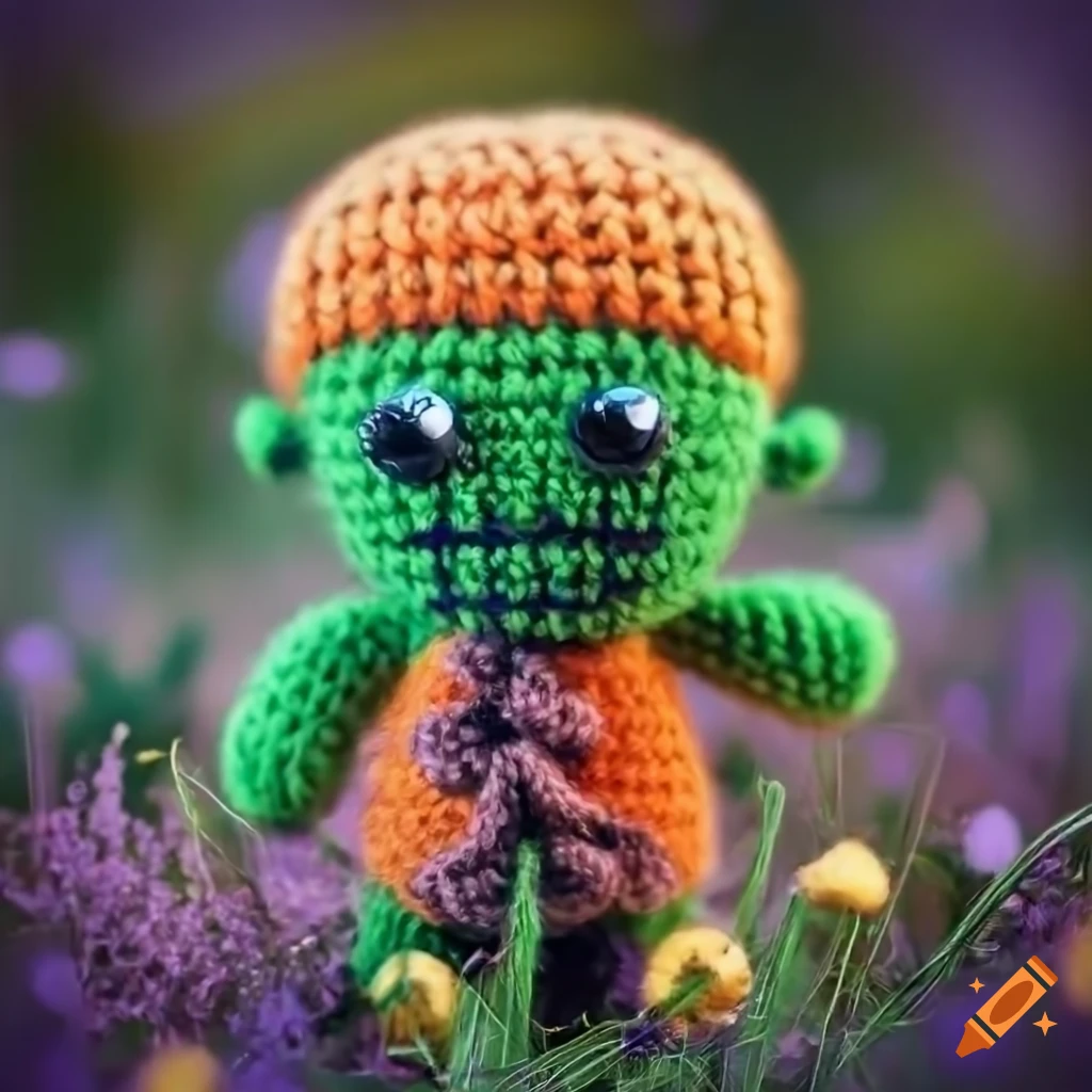 cute knitted Frankenstein creature in a meadow