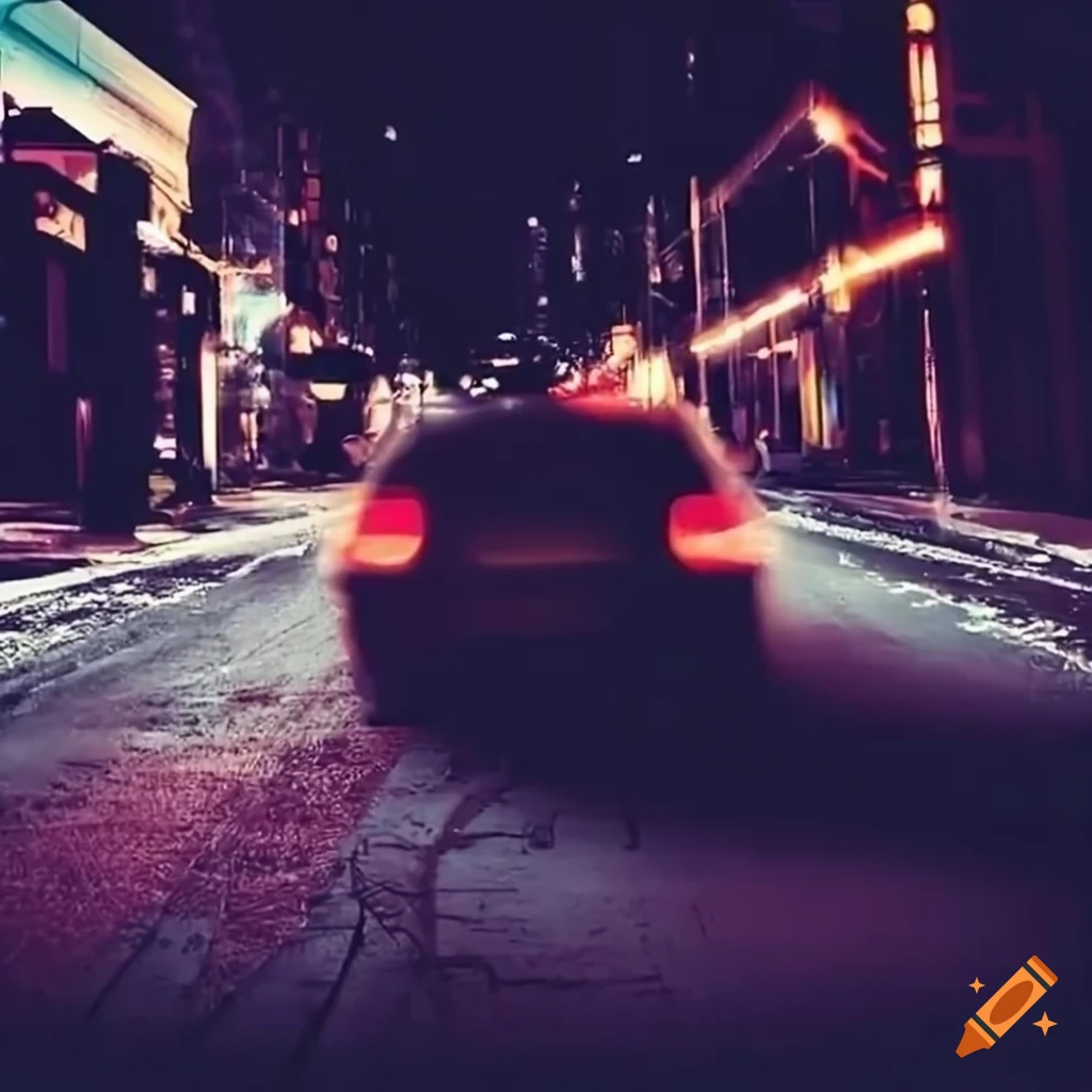 Nighttime car driving through city streets on Craiyon