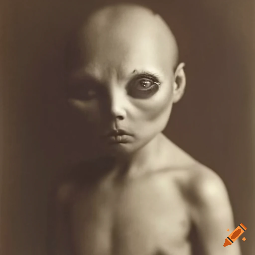portrait of an alien with black eyes and a large head