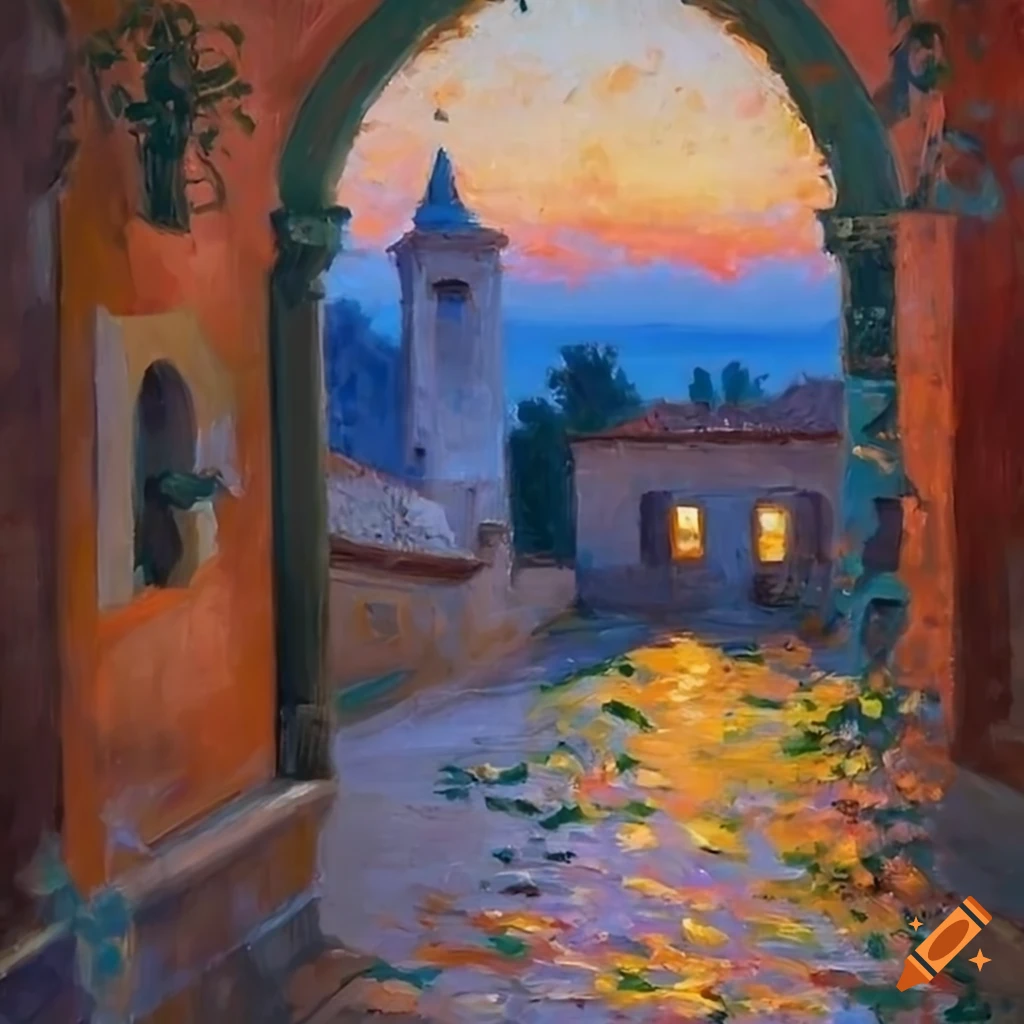 impressionist painting of a charming Italian house with a beautiful courtyard