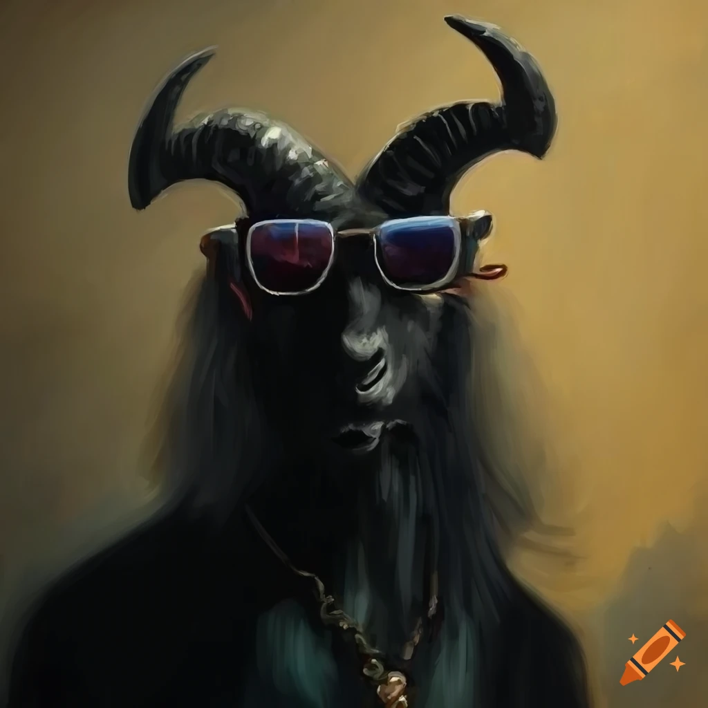 Surreal oil painting of a stylish goat with black horns