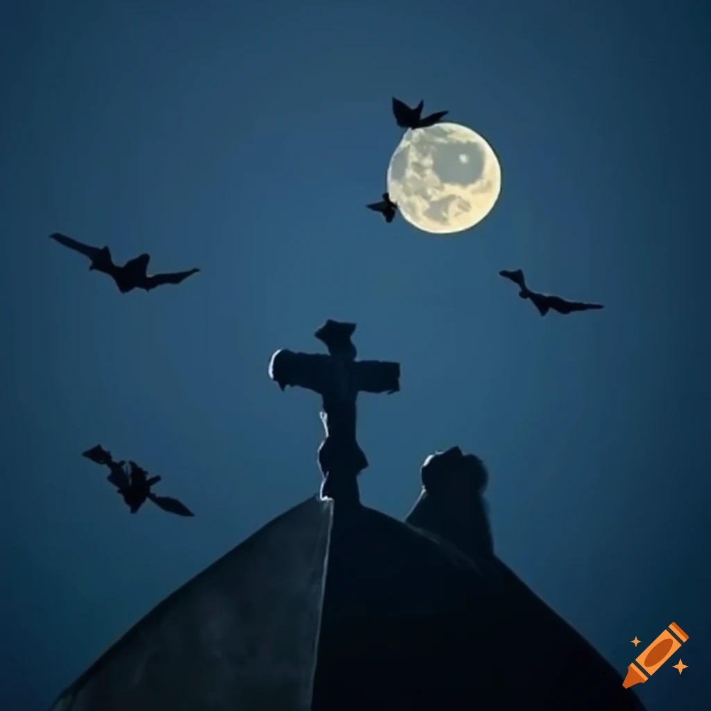 mysterious night with bats flying above a cemetery