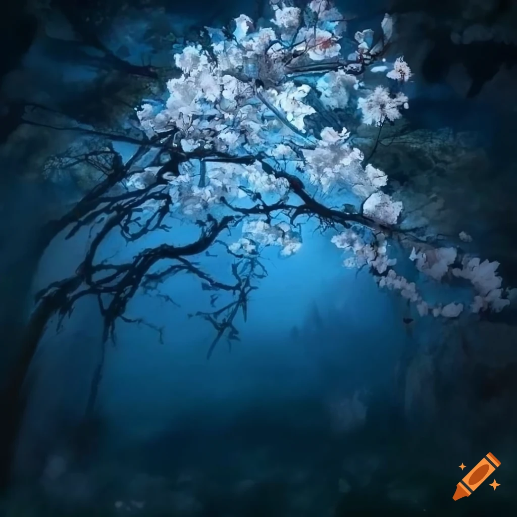 photo-realistic drawing of cherry blossom in blue hour lighting
