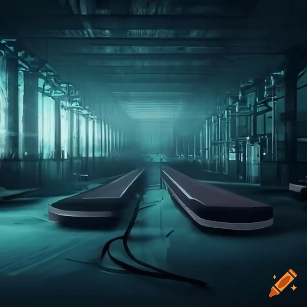 Conveyor belts in an empty factory on Craiyon