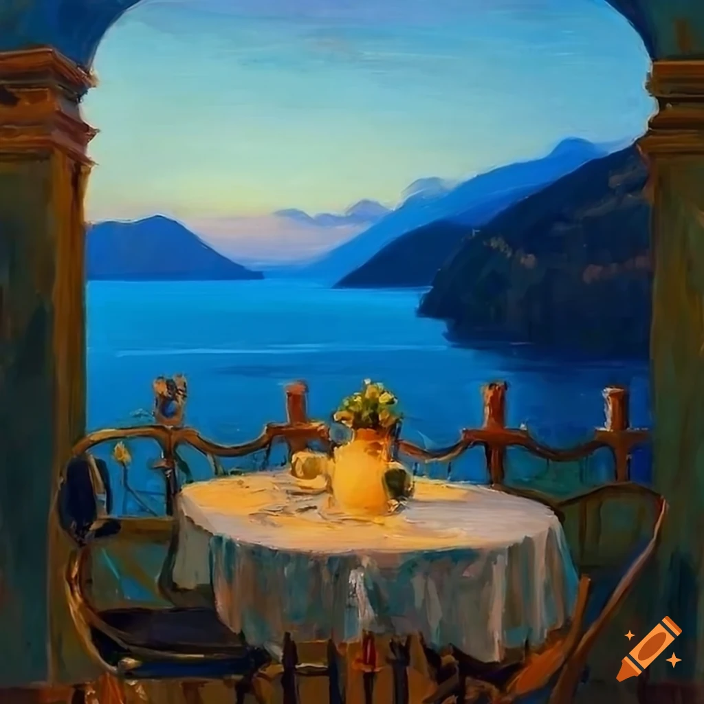 Impressionist painting of a patio overlooking lake como on Craiyon