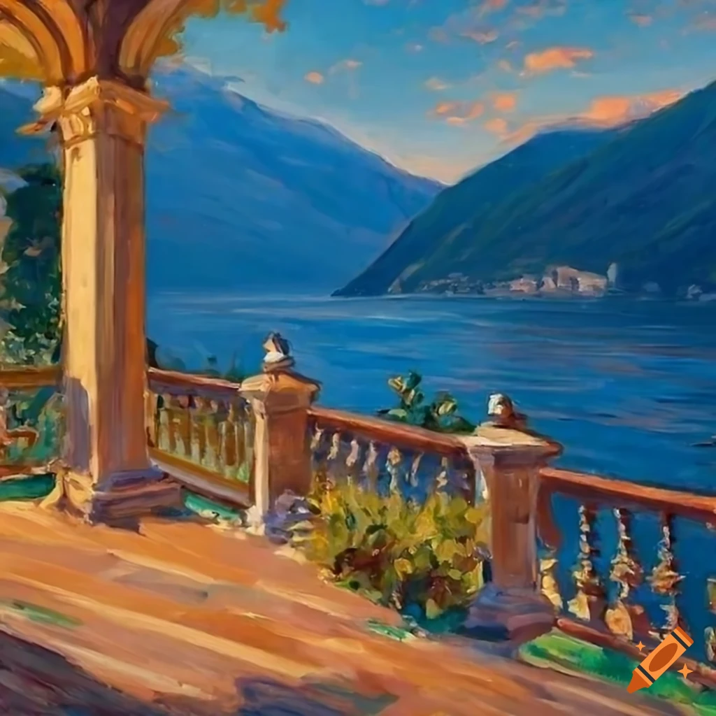 impressionist painting of a cozy patio overlooking Lake Como