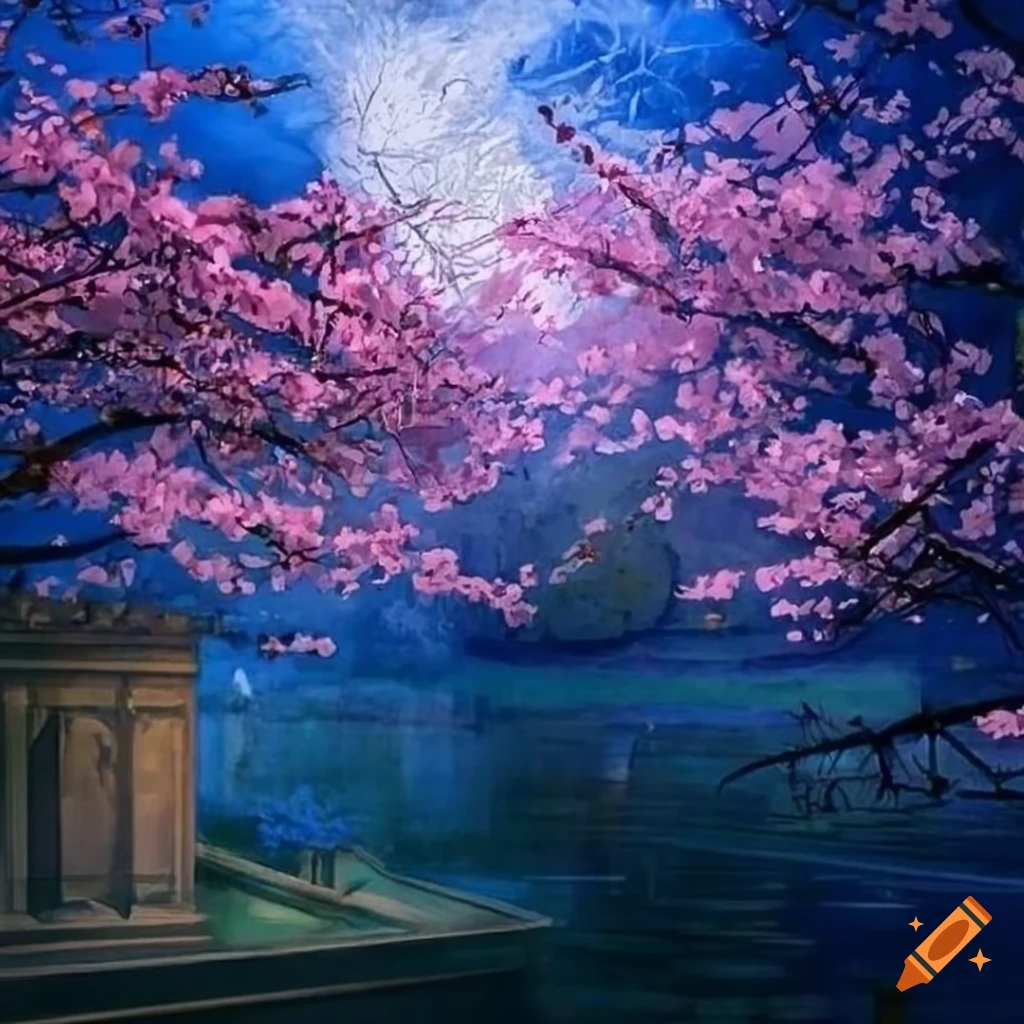 detailed drawing of cherry blossoms in blue hour lighting