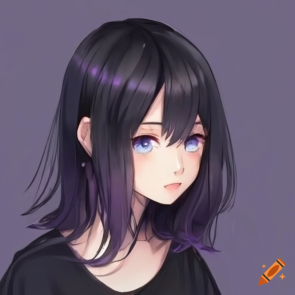 character design of a shy anime girl with long black hair and blue-purple eyes