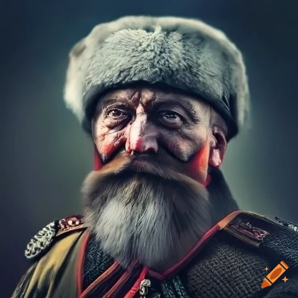 vibrant portrayal of a Slavic commander with ushanka hat