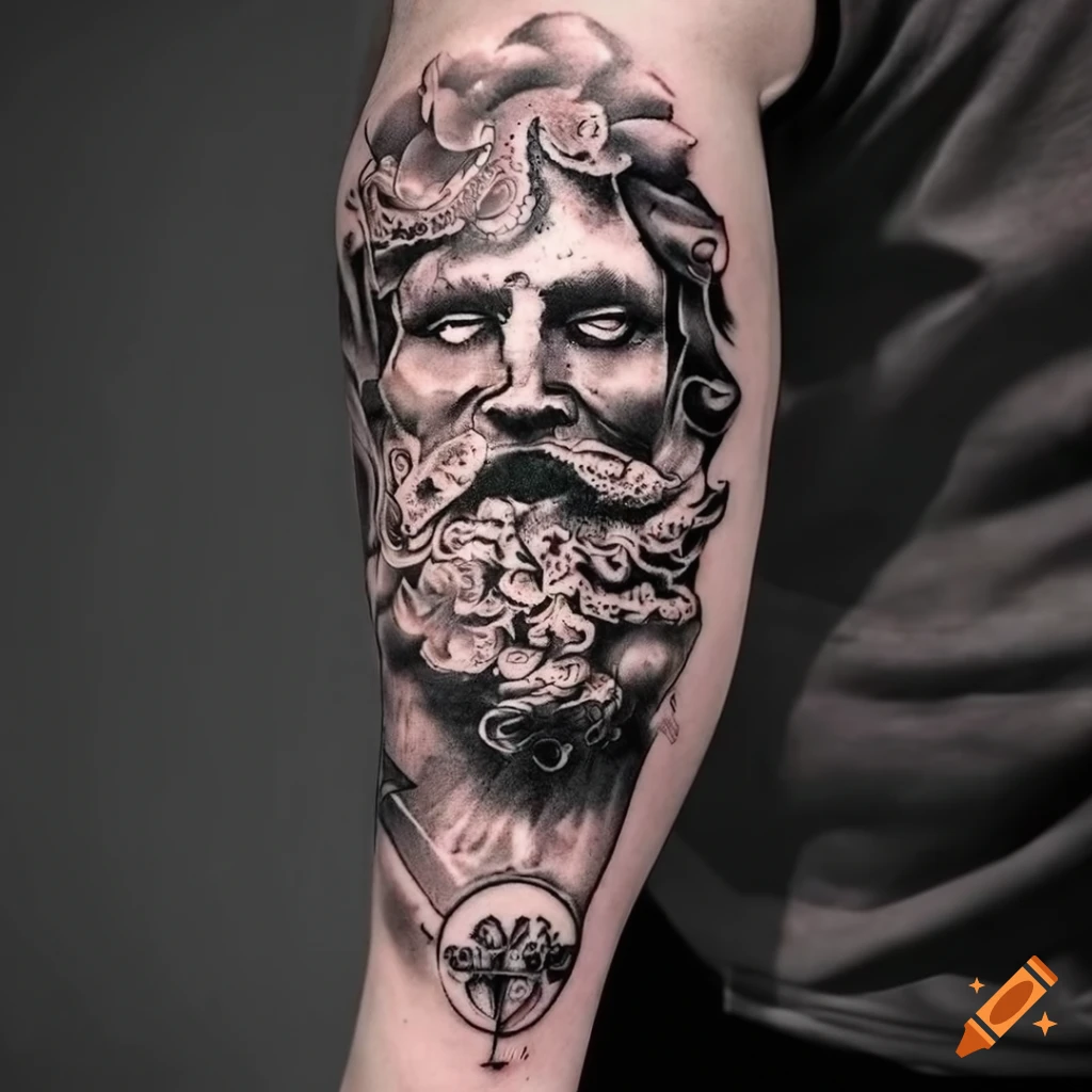Black and white tattoo sleeve inspired by greek mythology on Craiyon