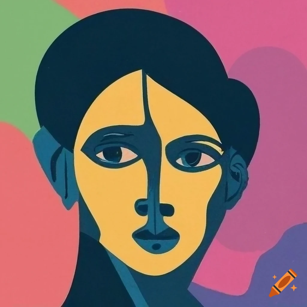 collage-style abstract portrait of a woman with dark hair