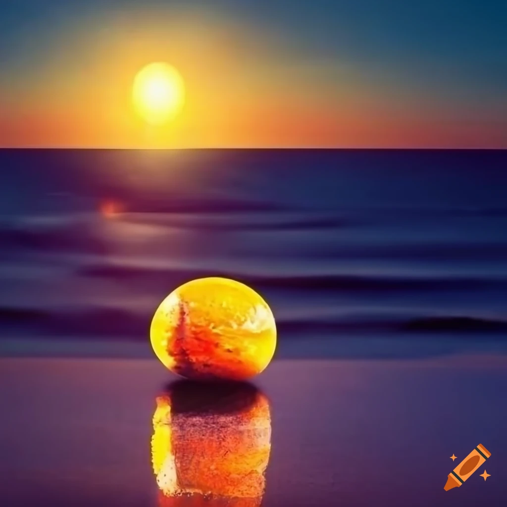 sunset beach rock art with balanced stone ball