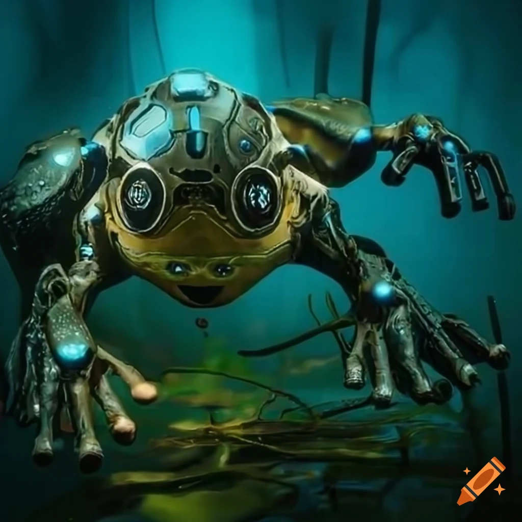 futuristic mechanical frog with plasma rifle in a swamp