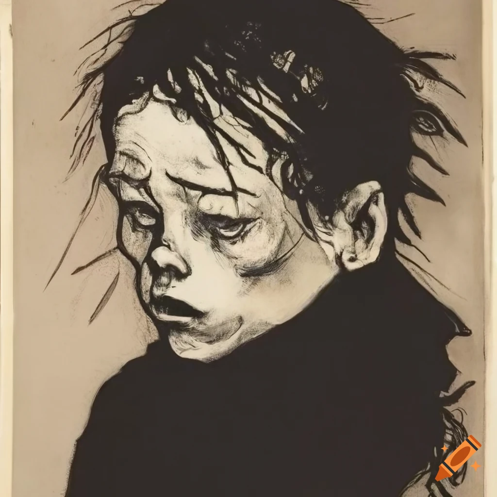 monochromatic engraving of a contorted young boy figure