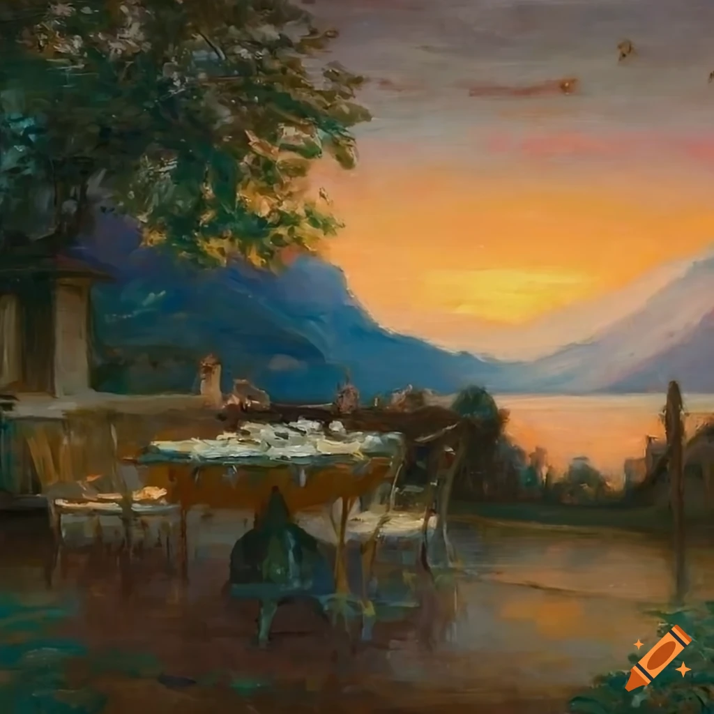 impressionist painting of a patio overlooking Lake Como