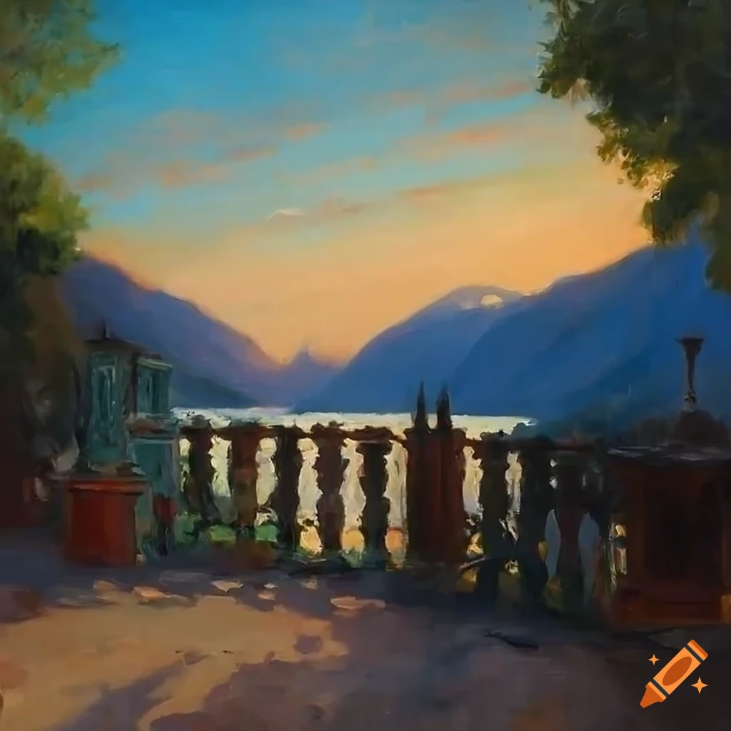 impressionist painting of a beautiful patio overlooking Lake Como