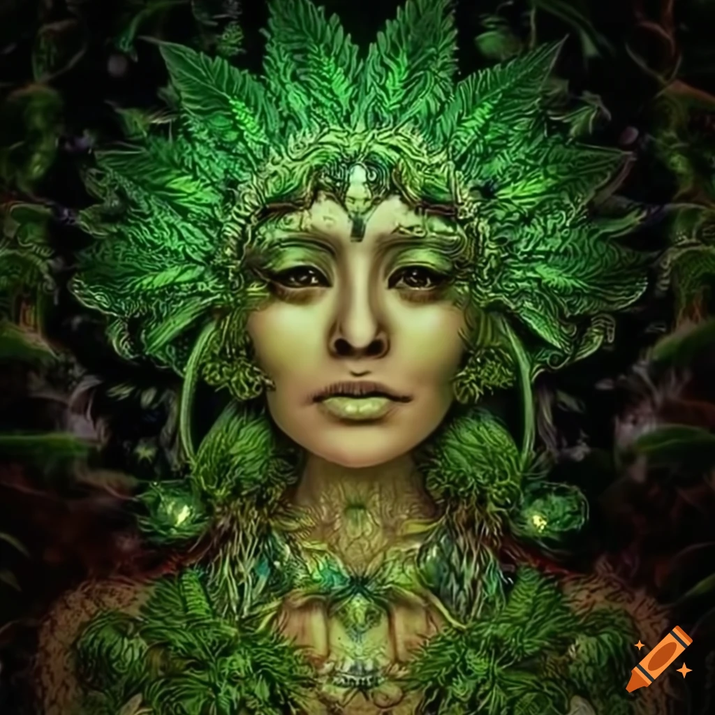 Intricate depiction of a cannabis goddess artwork on Craiyon