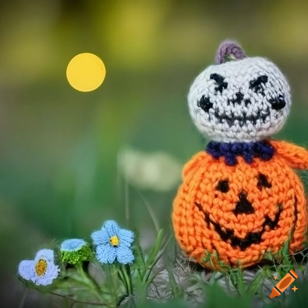 cute amigurumi Halloween Imp in a meadow