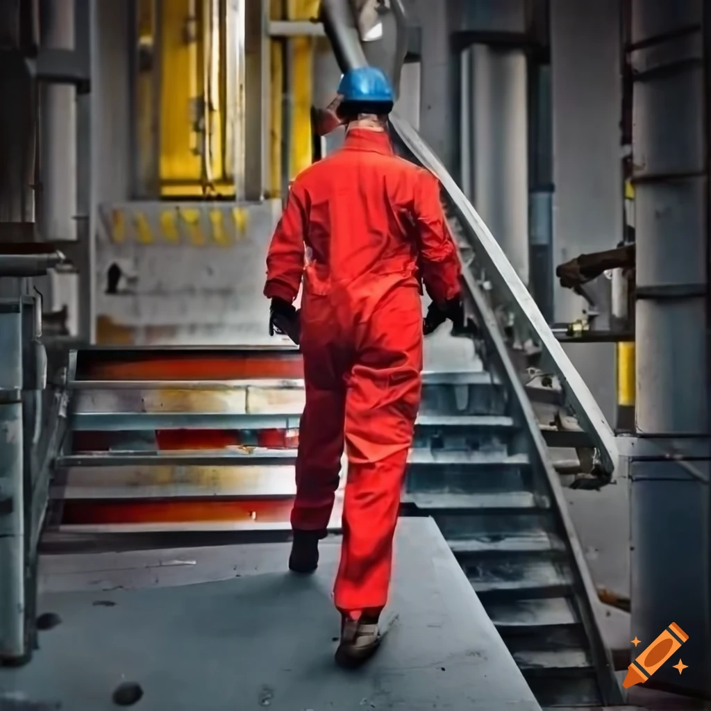 industrial worker walking down metal staircase in engine room