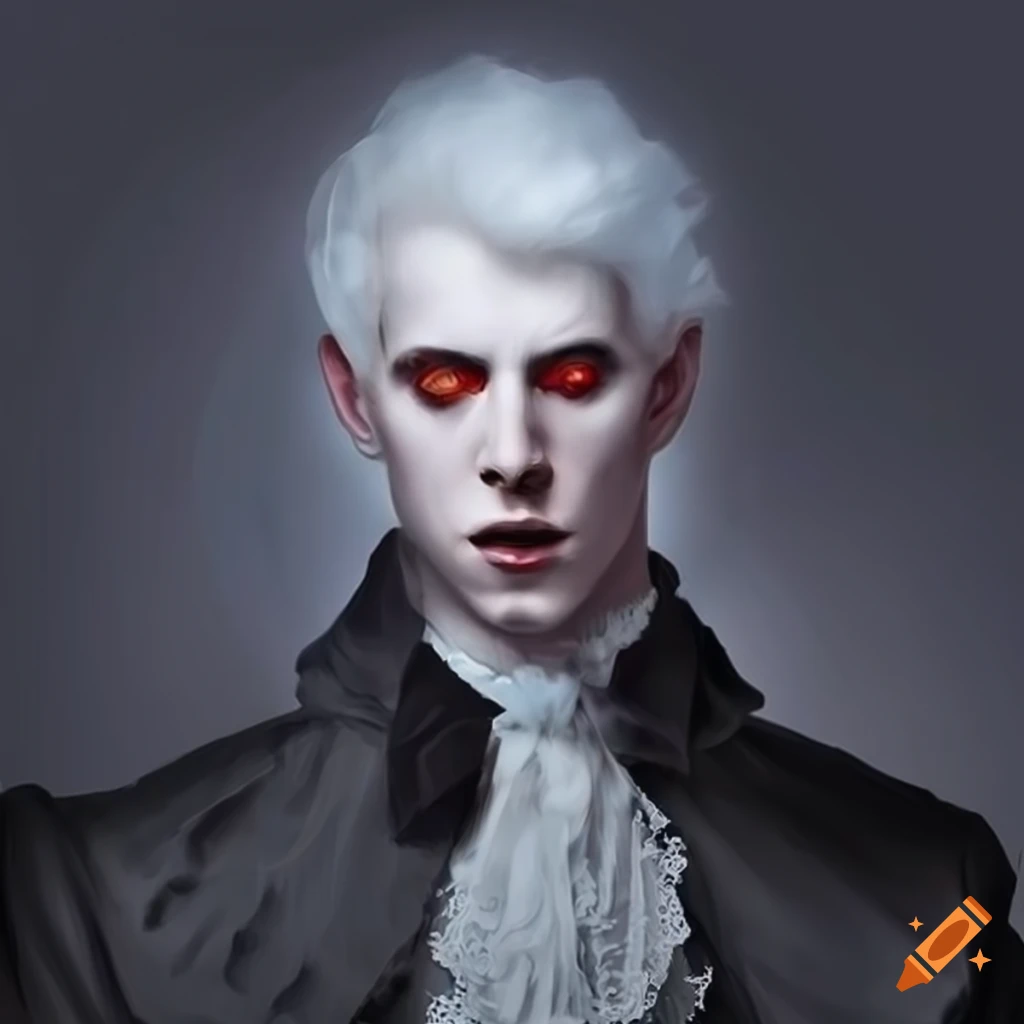 Portrait of a male vampire with white hair and victorian attire on Craiyon