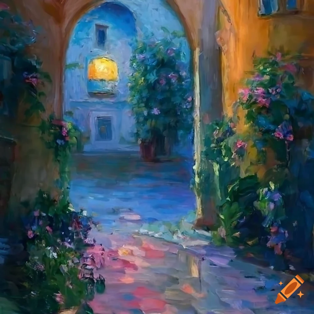 impressionist painting of an inviting Italian house with a beautiful courtyard