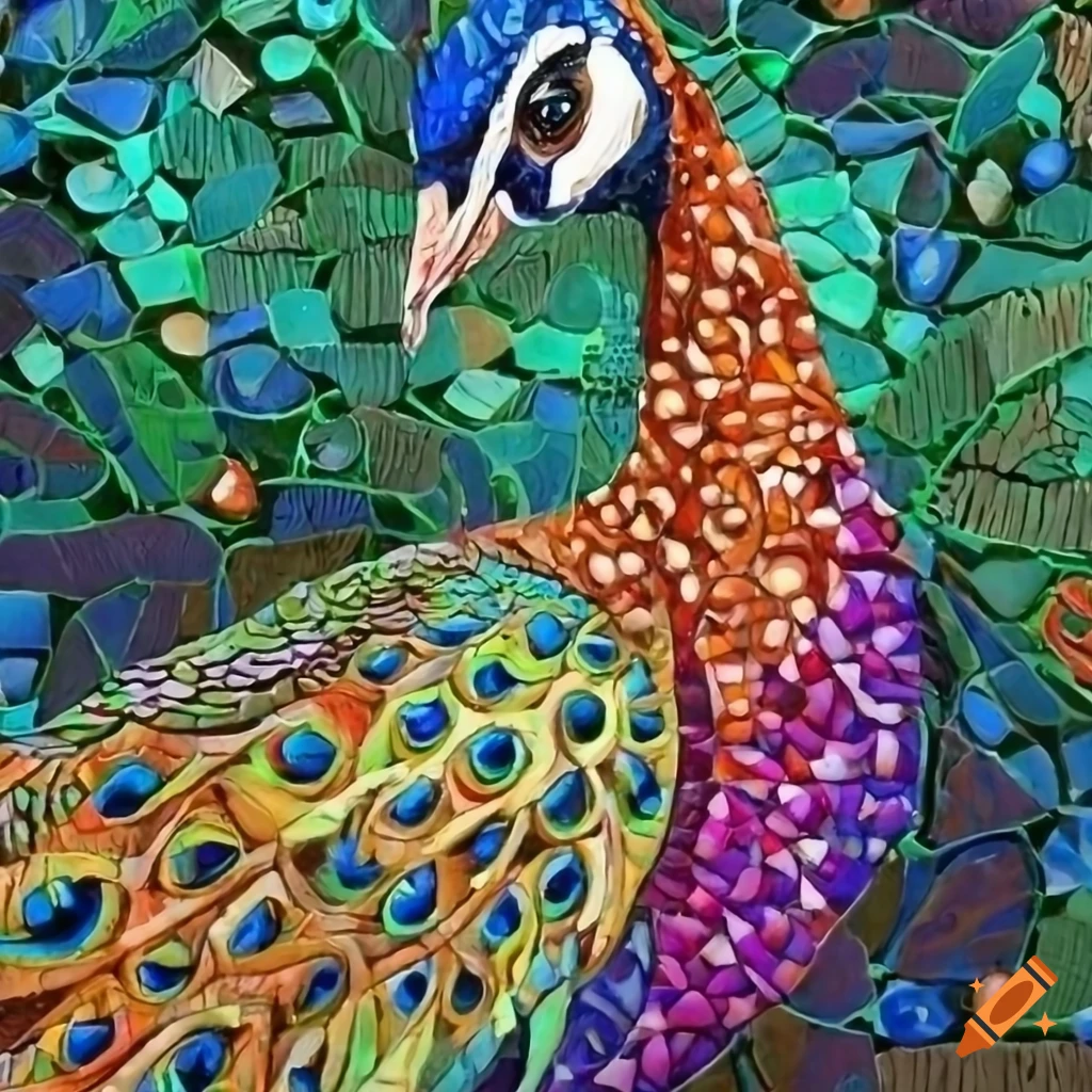 vibrant mosaic painting of a majestic peacock