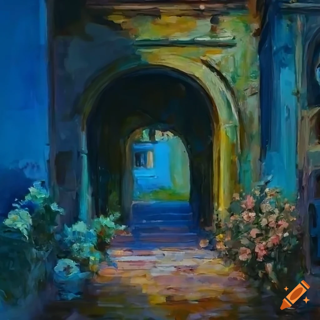 impressionist painting of a charming Italian house with a beautiful courtyard