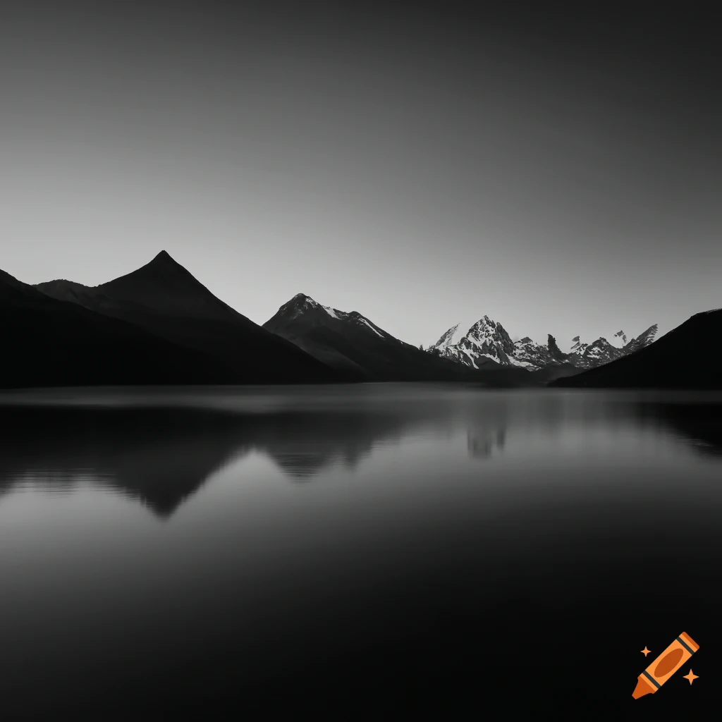 black and white photo of mountains and water