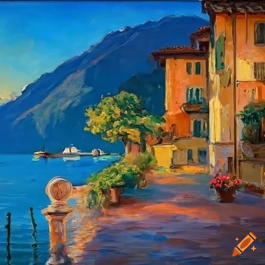 impressionist painting of a cozy patio overlooking Lake Como
