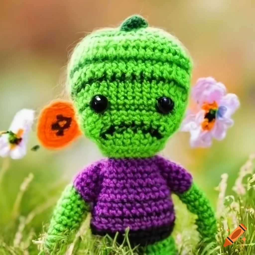 cute knitted Frankenstein creature in a meadow