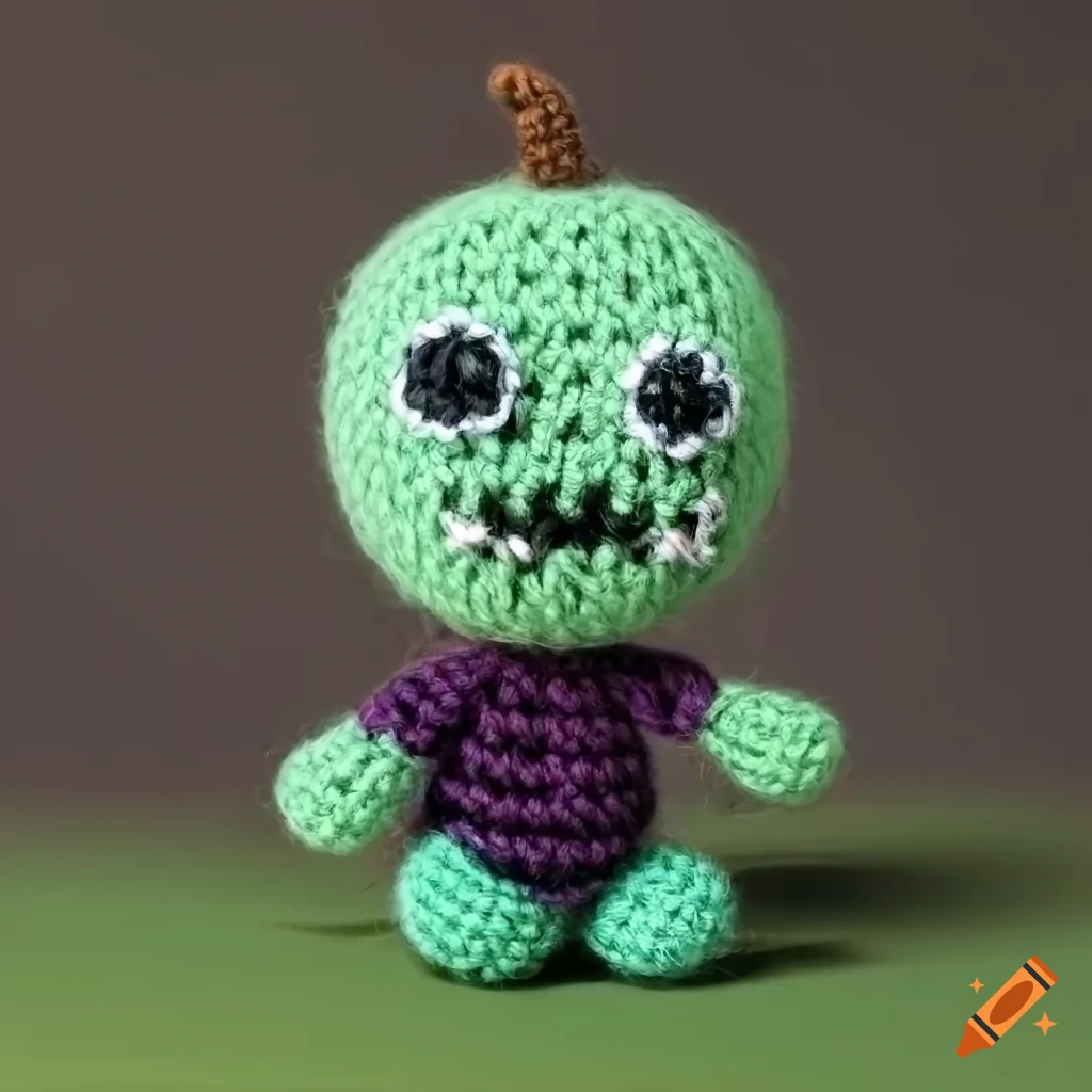 cute knitted Frankenstein creature in a meadow