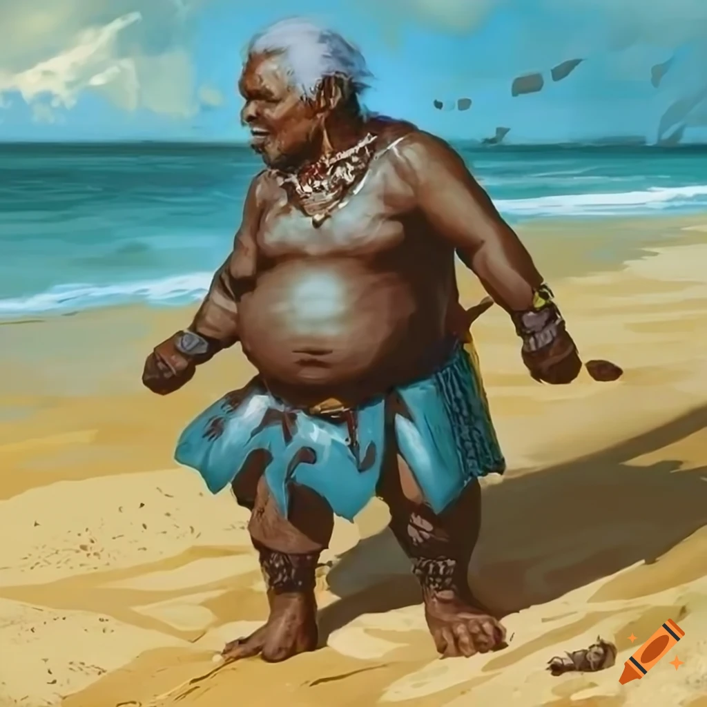 Elderly halfling in traditional island clothing at the beach on Craiyon
