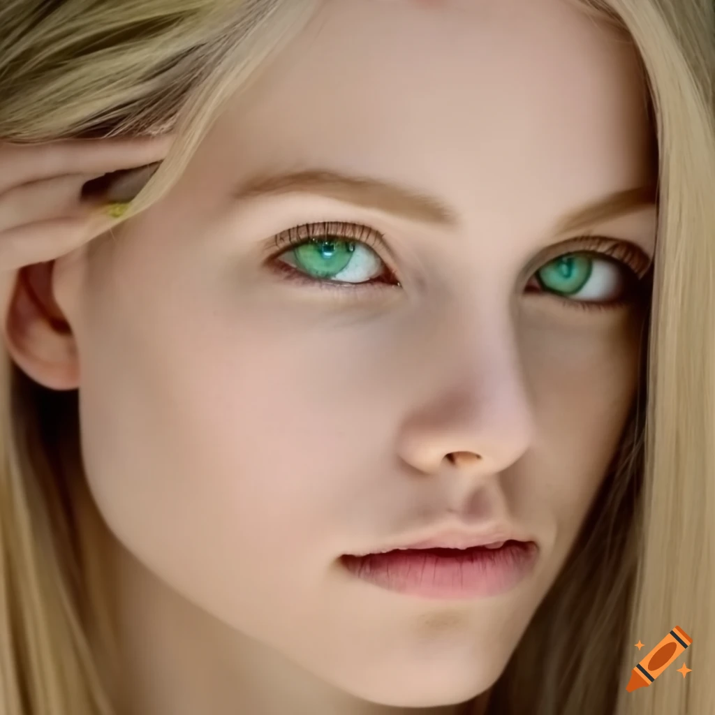 Portrait of a woman with blonde hair and green doe eyes