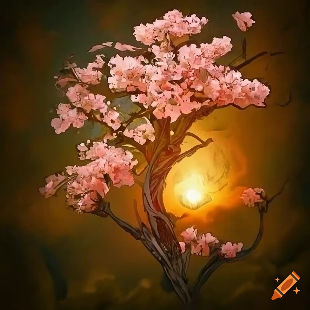 Detailed drawing of cherry blossom in golden hour lighting on Craiyon